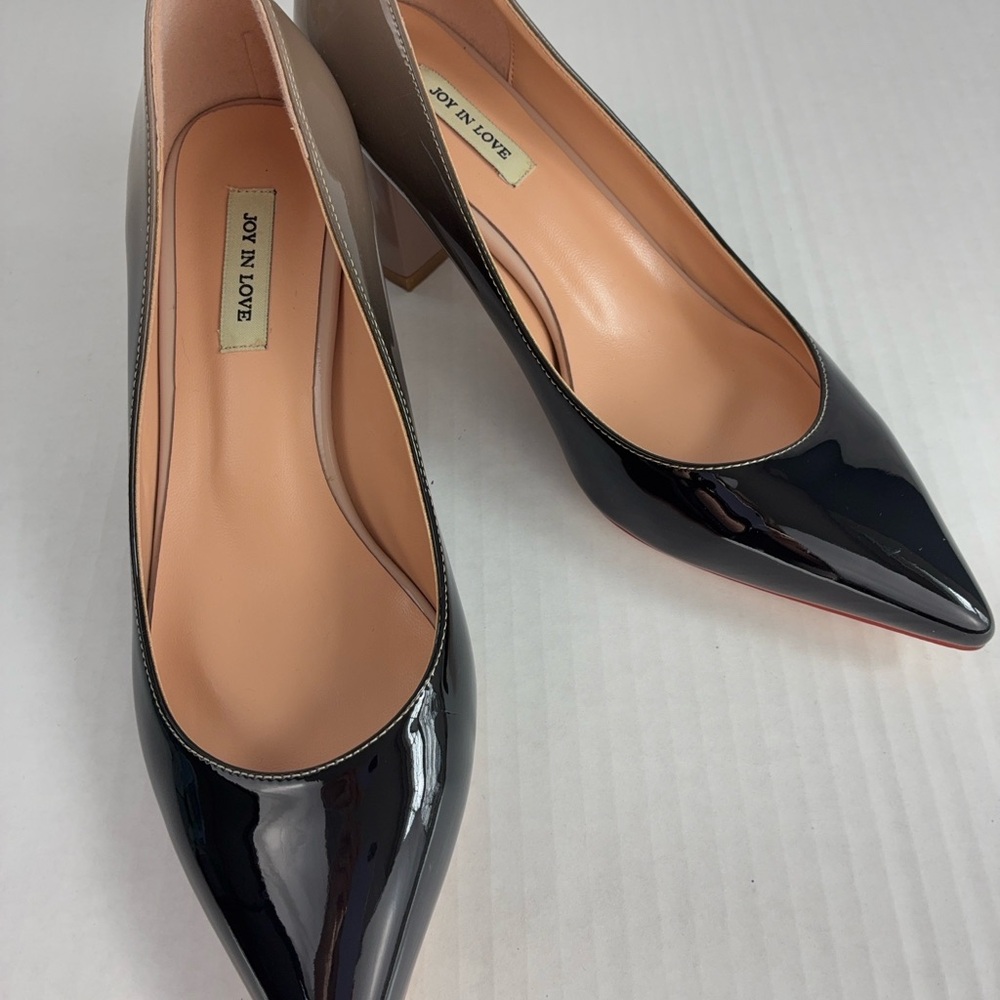 JOY IN LOVE Faux Patent Block Heel Pumps Black Nude Ombré Two Tone - Picture 7 of 10